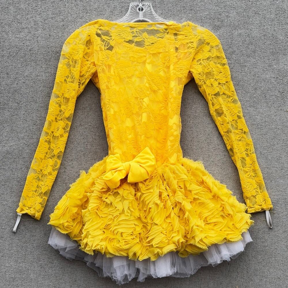 Y2K Kellé Yellow Lace Dance Dress Rosette Tutu Long Sleeve Child Large Costume